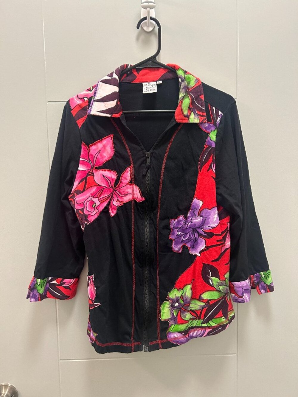 Parsley & Sage Large Embroidered Floral Zip Jacket Collared Cotton Boho Art Y2K